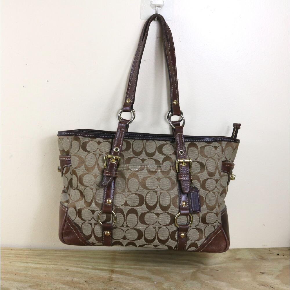 Coach Tote Tan Brown Canvas Leather Trim Signature Gallery Bag Charm Vintage